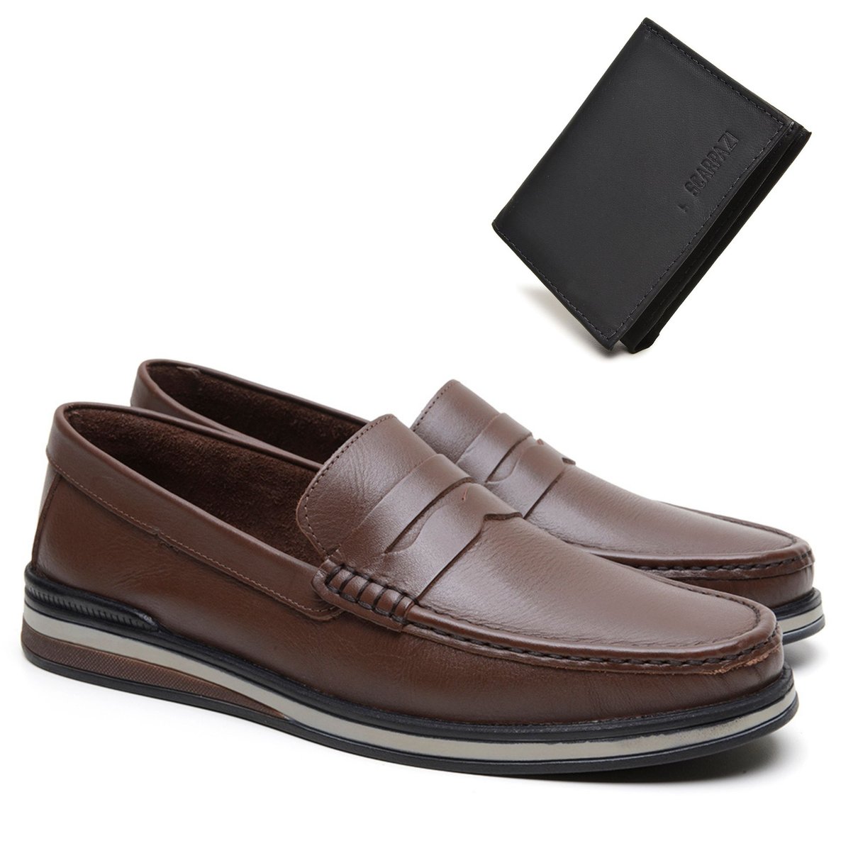 03 kit mocassim masculino couro scarpazi 4001 carteira de couro